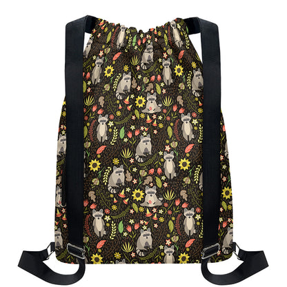 Raccoon And Floral Pattern Print Drawstring Backpack