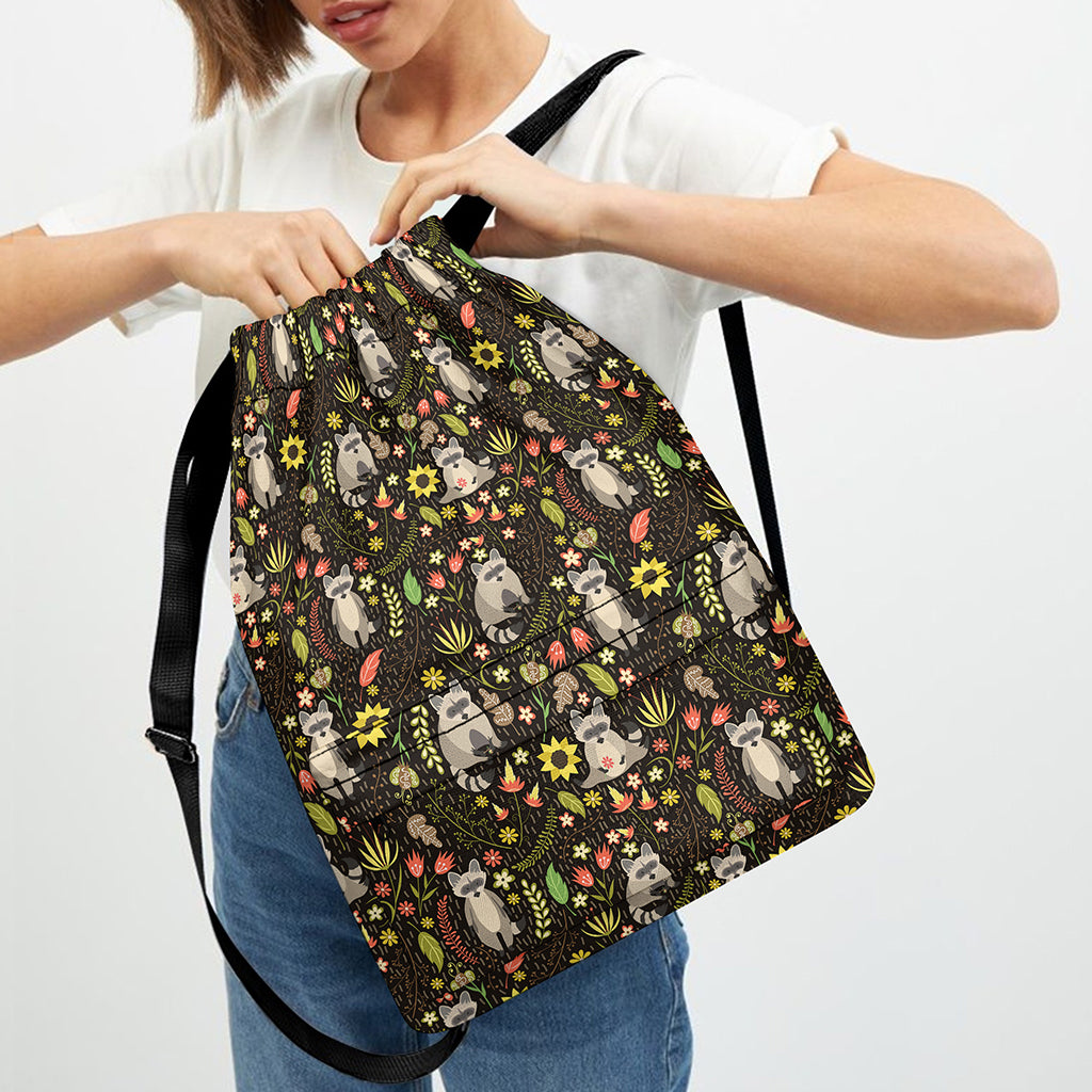 Raccoon And Floral Pattern Print Drawstring Backpack