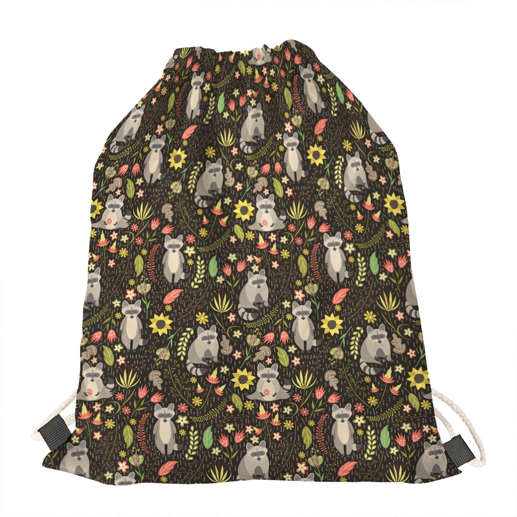 Raccoon And Floral Pattern Print Drawstring Bag