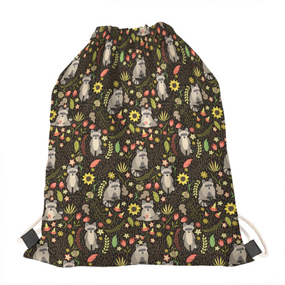 Raccoon And Floral Pattern Print Drawstring Bag