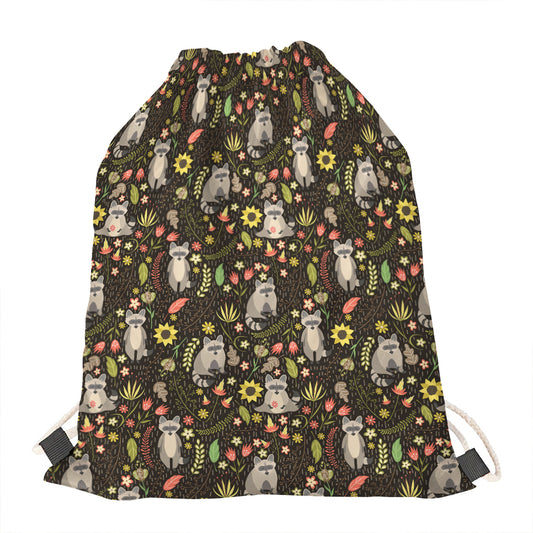 Raccoon And Floral Pattern Print Drawstring Bag