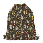Raccoon And Floral Pattern Print Drawstring Bag