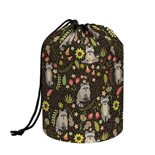 Raccoon And Floral Pattern Print Drawstring Makeup Bag