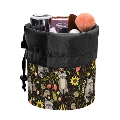 Raccoon And Floral Pattern Print Drawstring Makeup Bag