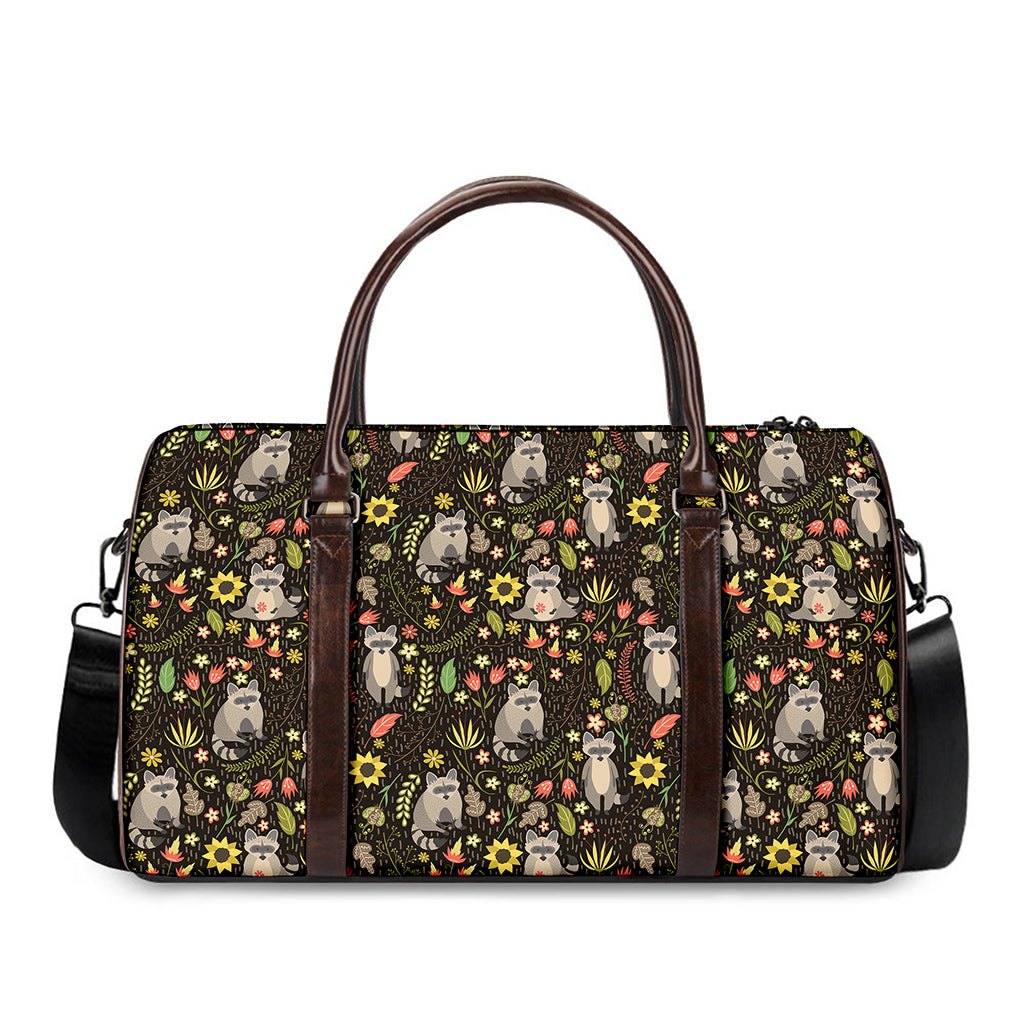Raccoon And Floral Pattern Print Duffle Bag