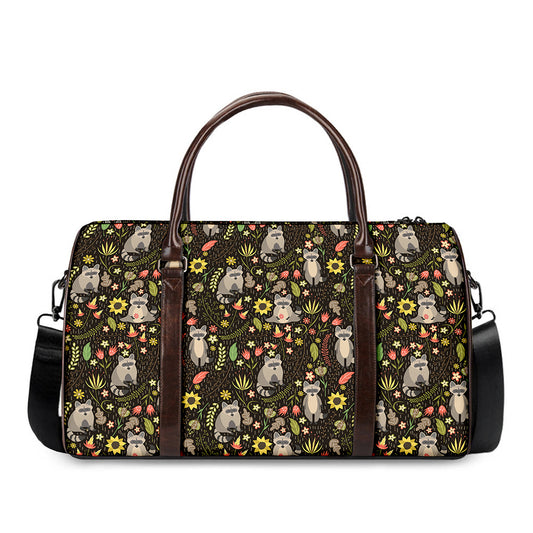 Raccoon And Floral Pattern Print Duffle Bag
