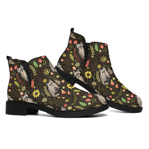 Raccoon And Floral Pattern Print Flat Ankle Boots