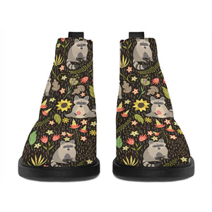 Raccoon And Floral Pattern Print Flat Ankle Boots