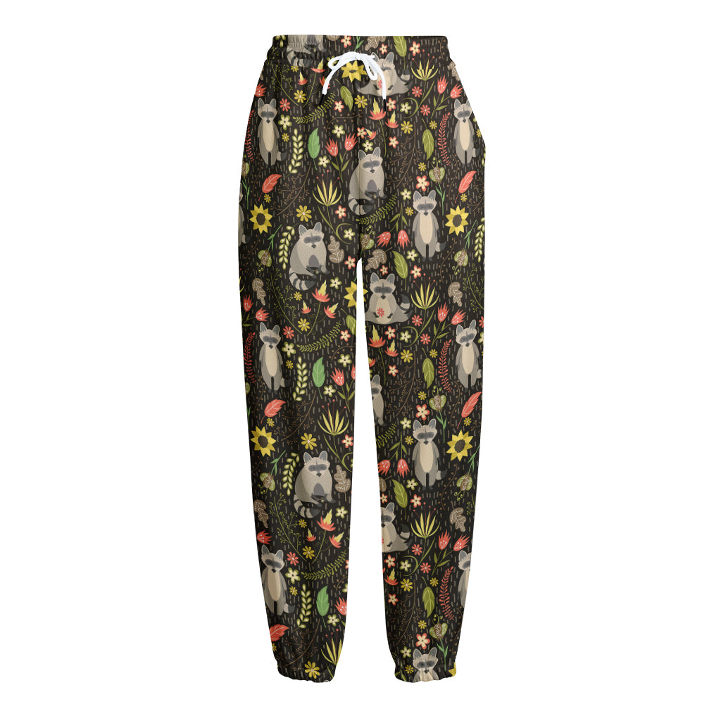 Raccoon And Floral Pattern Print Fleece Lined Knit Pants