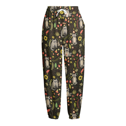 Raccoon And Floral Pattern Print Fleece Lined Knit Pants