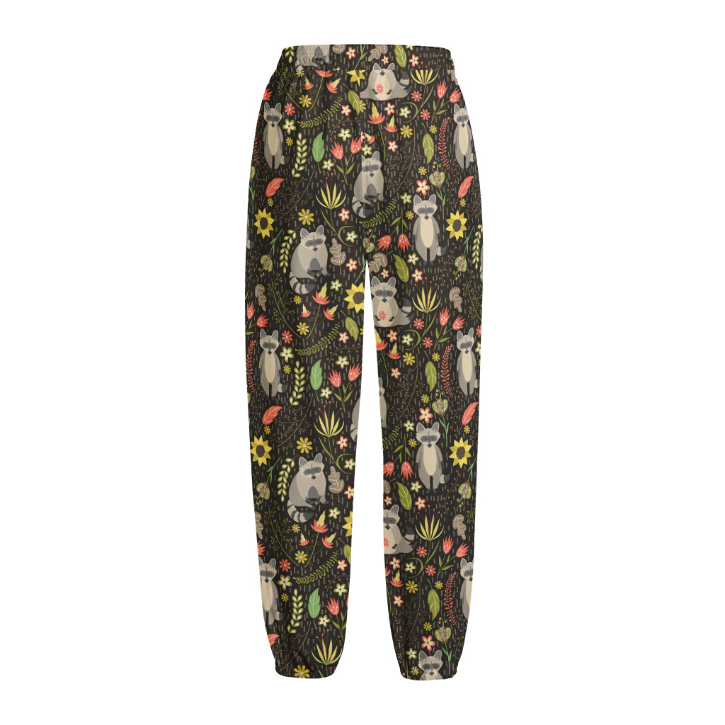 Raccoon And Floral Pattern Print Fleece Lined Knit Pants