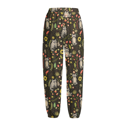 Raccoon And Floral Pattern Print Fleece Lined Knit Pants