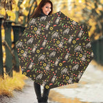 Raccoon And Floral Pattern Print Foldable Umbrella