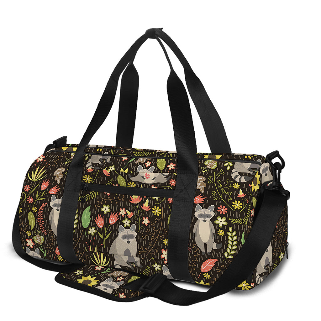 Raccoon And Floral Pattern Print Gym Bag