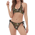 Raccoon And Floral Pattern Print Halter Scoop Tie Side Bikini