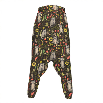 Raccoon And Floral Pattern Print Hammer Pants