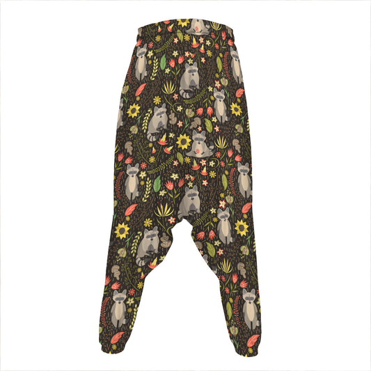 Raccoon And Floral Pattern Print Hammer Pants