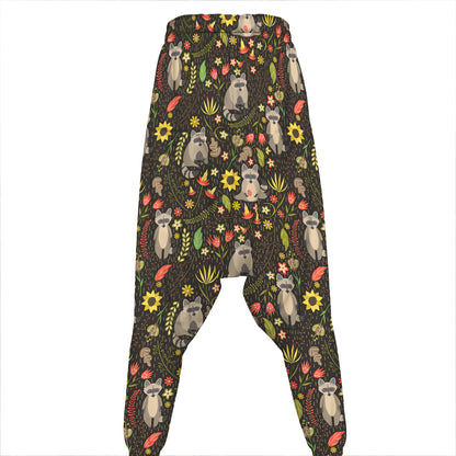 Raccoon And Floral Pattern Print Hammer Pants