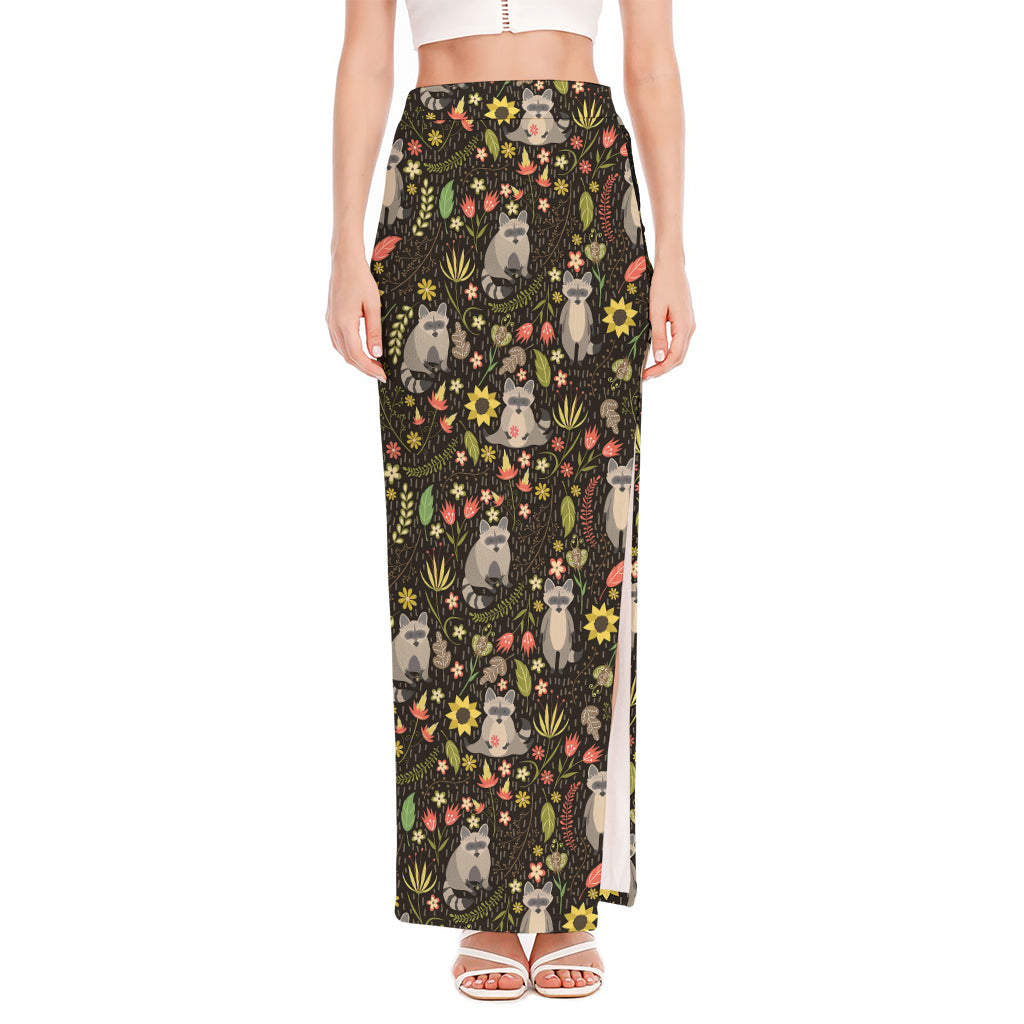 Raccoon And Floral Pattern Print High Slit Maxi Skirt