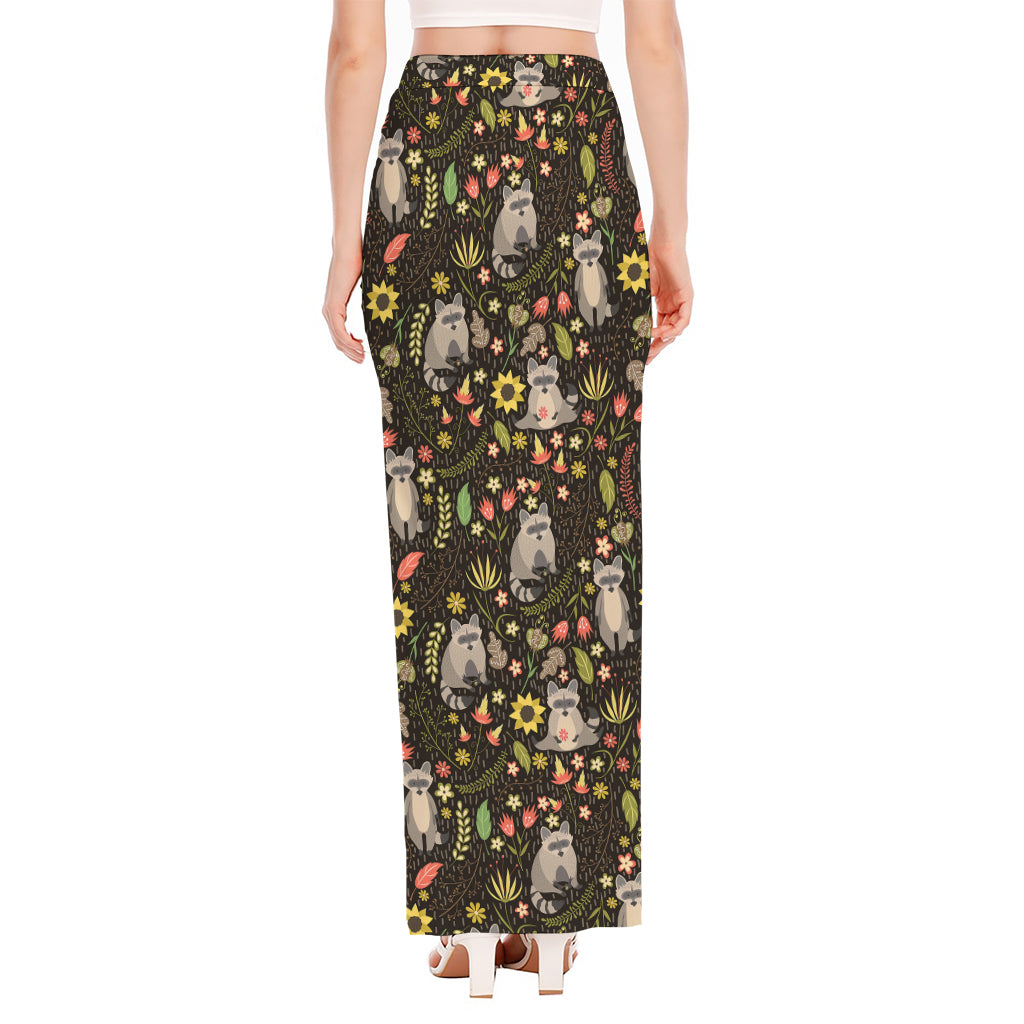 Raccoon And Floral Pattern Print High Slit Maxi Skirt