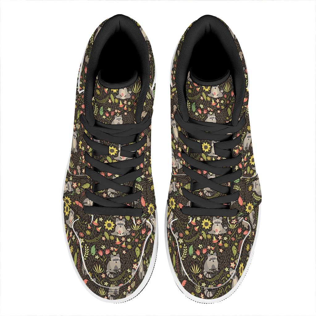 Raccoon And Floral Pattern Print High Top Leather Sneakers