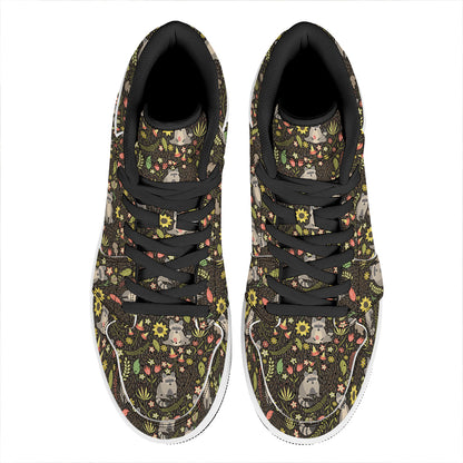 Raccoon And Floral Pattern Print High Top Leather Sneakers