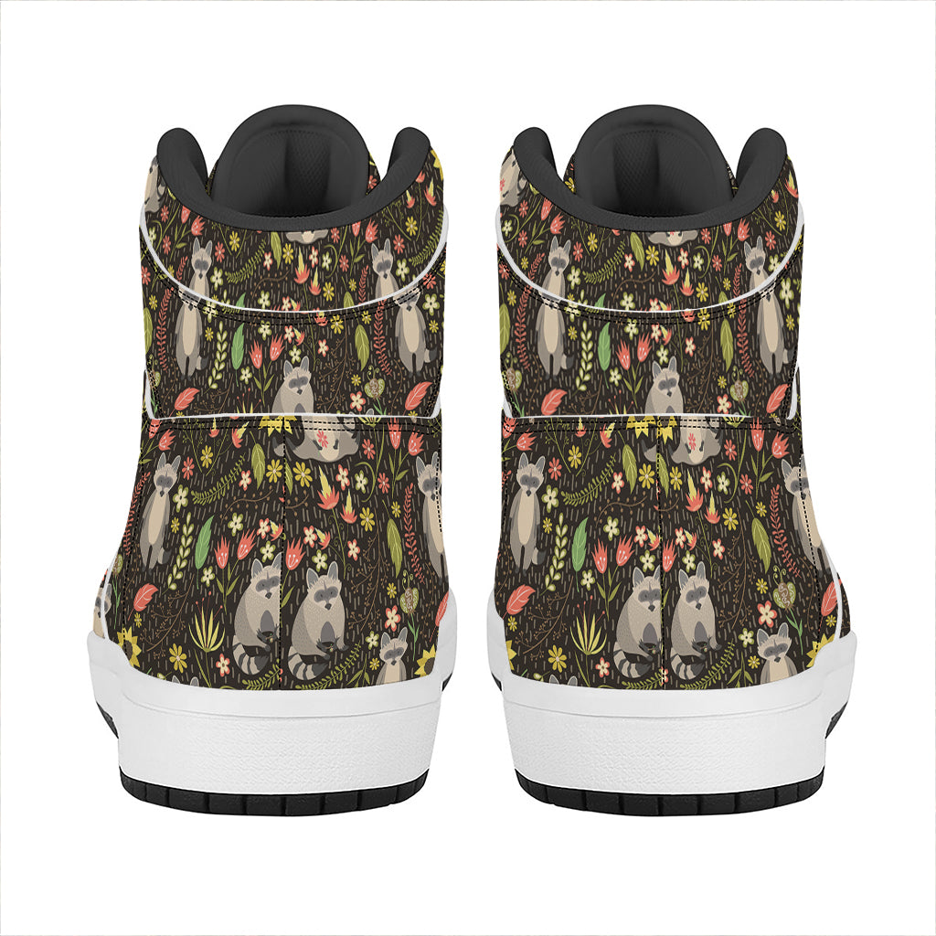Raccoon And Floral Pattern Print High Top Leather Sneakers