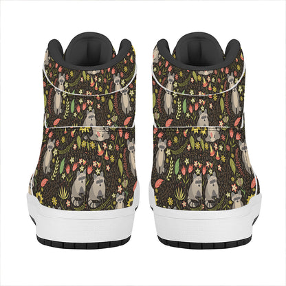Raccoon And Floral Pattern Print High Top Leather Sneakers