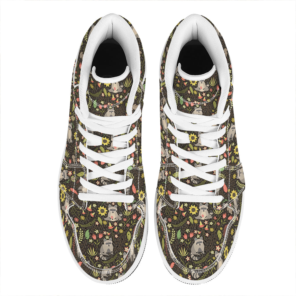 Raccoon And Floral Pattern Print High Top Leather Sneakers
