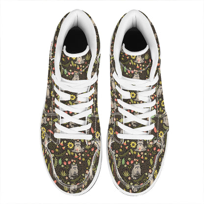 Raccoon And Floral Pattern Print High Top Leather Sneakers