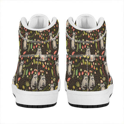Raccoon And Floral Pattern Print High Top Leather Sneakers