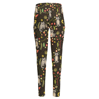 Raccoon And Floral Pattern Print High-Waisted Pocket Leggings