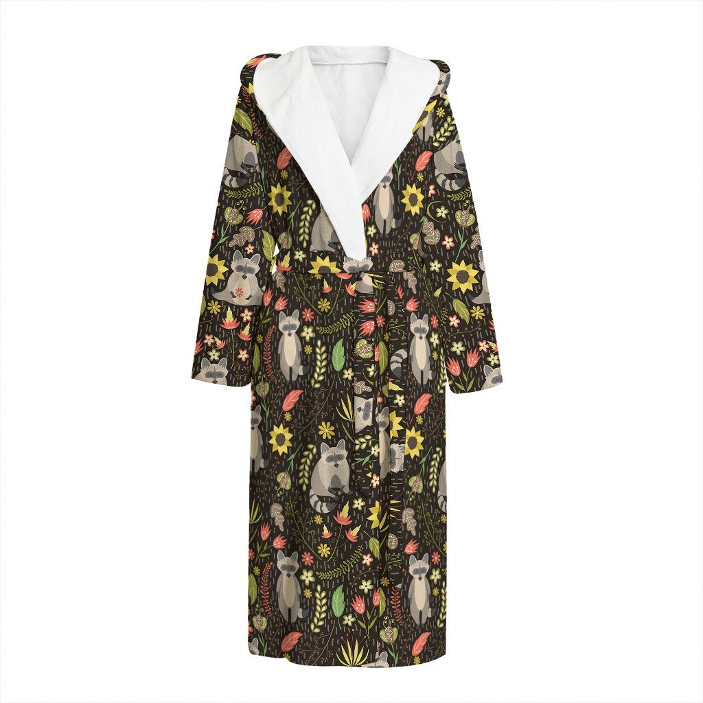 Raccoon And Floral Pattern Print Hooded Bathrobe