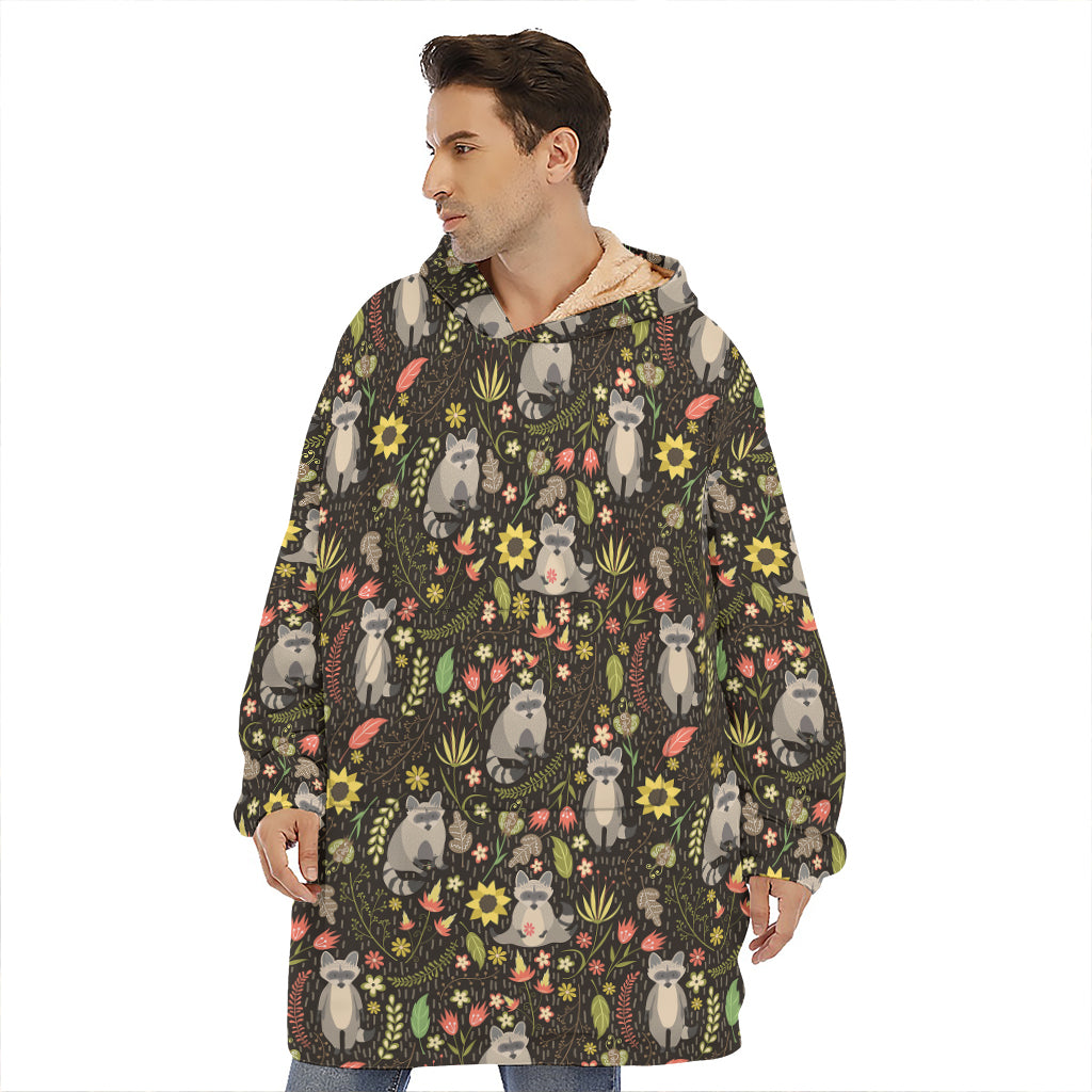 Raccoon And Floral Pattern Print Hoodie Blanket
