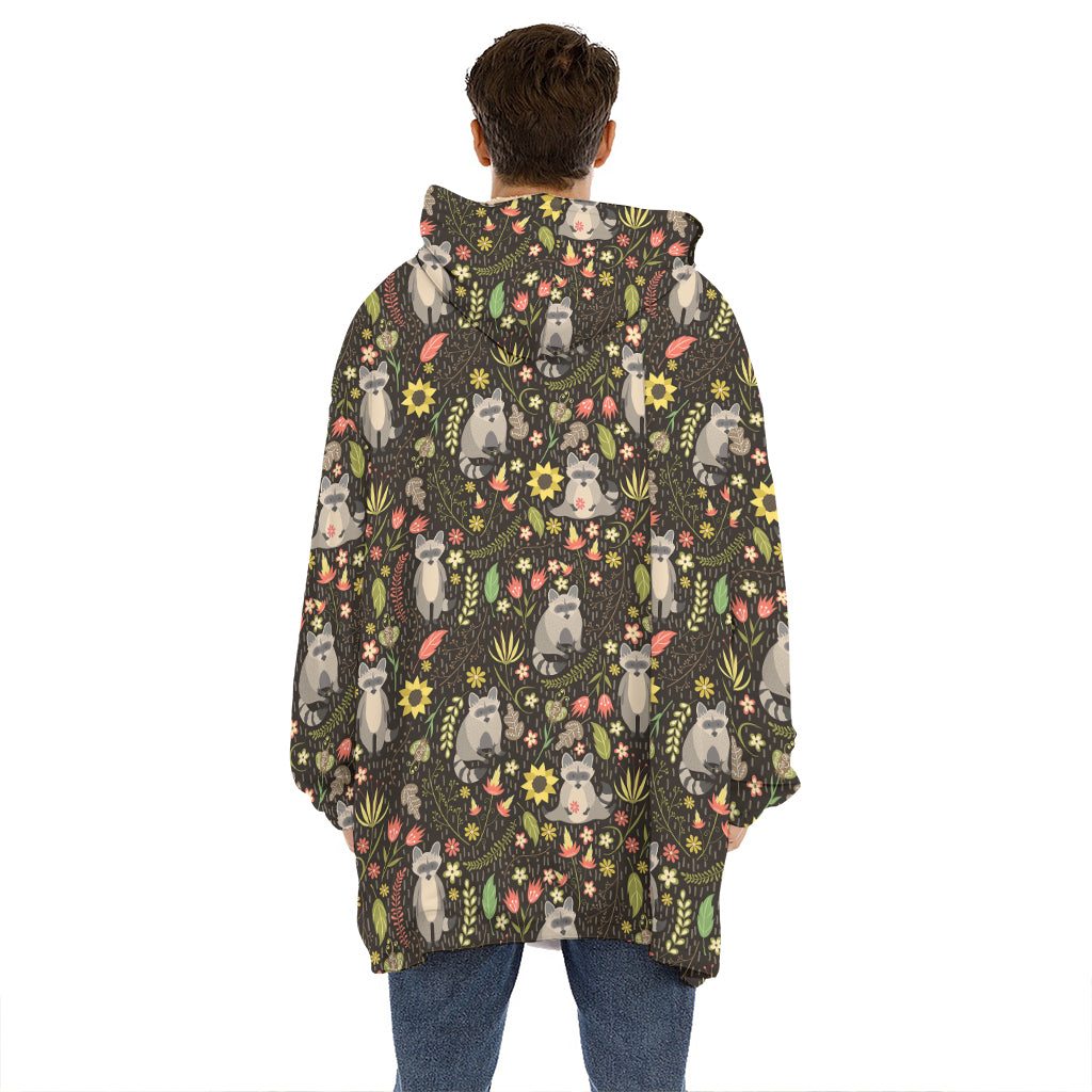 Raccoon And Floral Pattern Print Hoodie Blanket