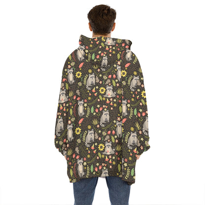 Raccoon And Floral Pattern Print Hoodie Blanket