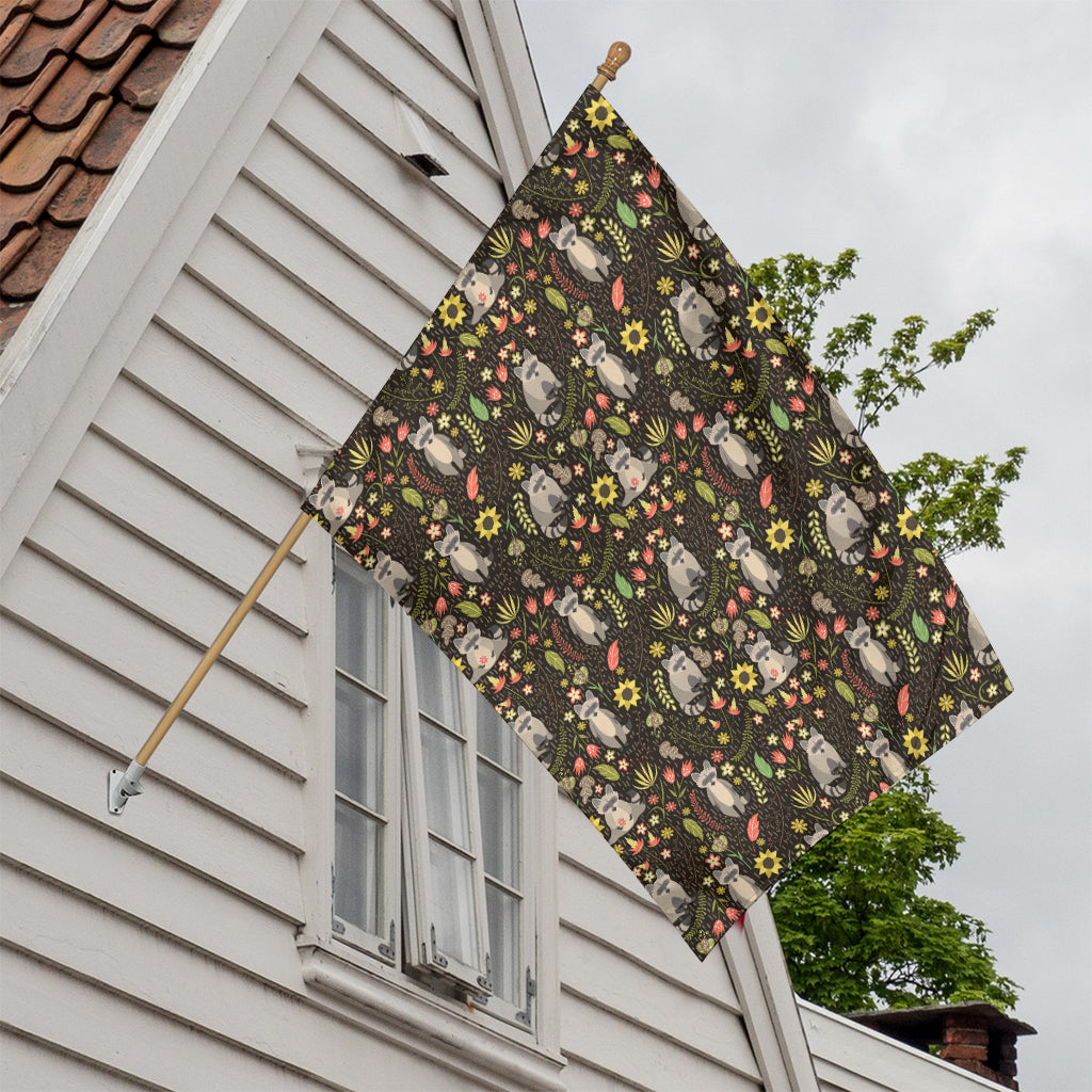 Raccoon And Floral Pattern Print House Flag
