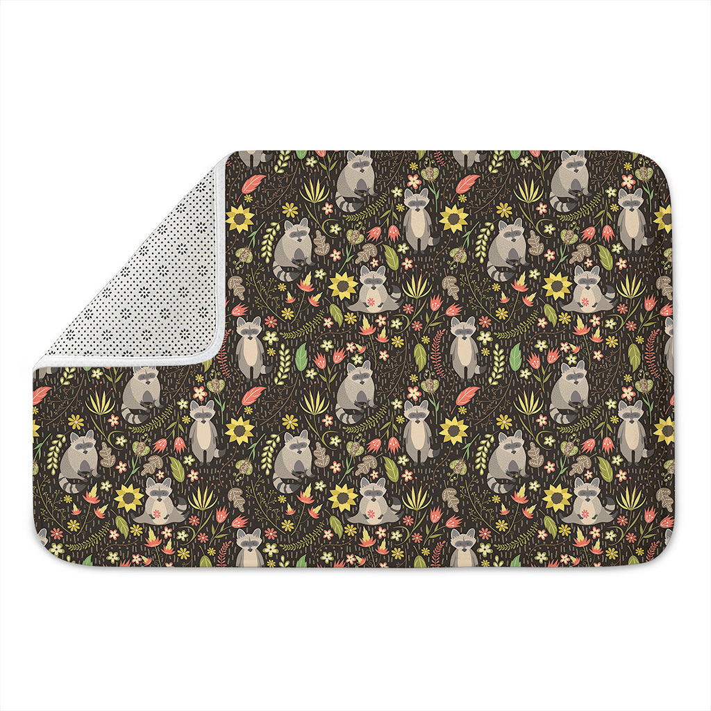 Raccoon And Floral Pattern Print Indoor Door Mat