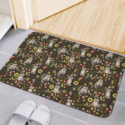 Raccoon And Floral Pattern Print Indoor Door Mat