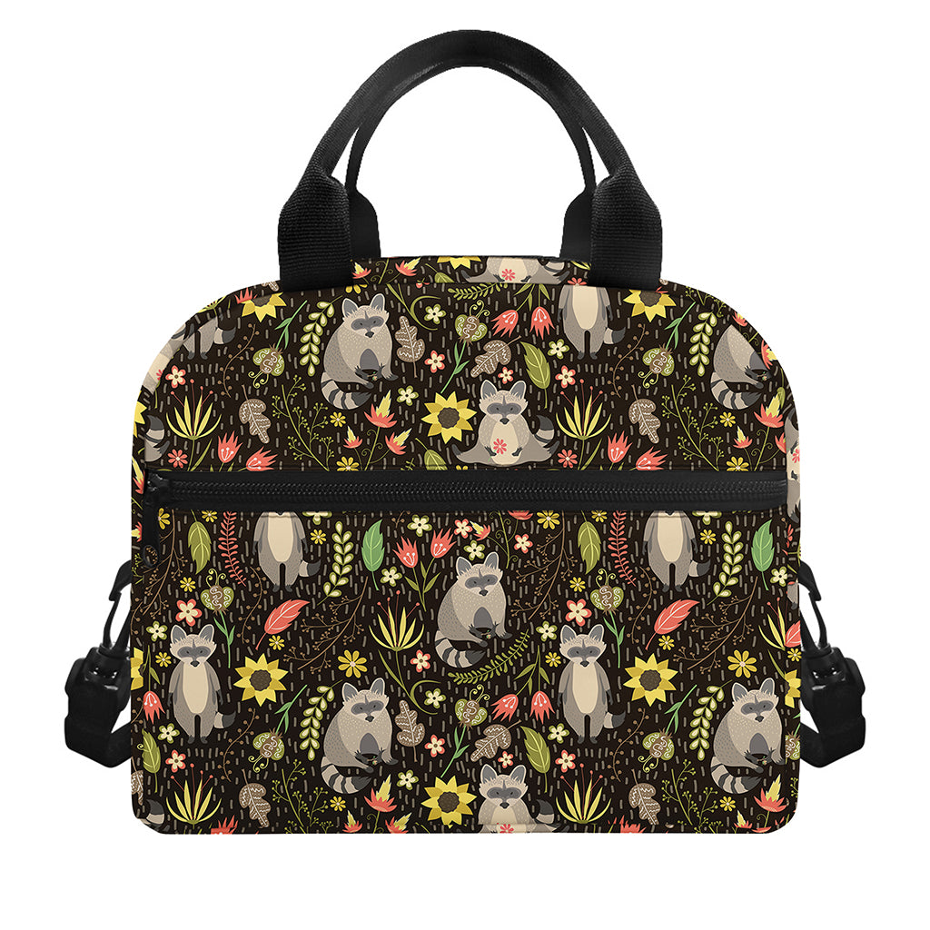 Raccoon And Floral Pattern Print Insulated Lunch Bag