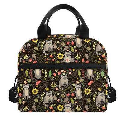 Raccoon And Floral Pattern Print Insulated Lunch Bag