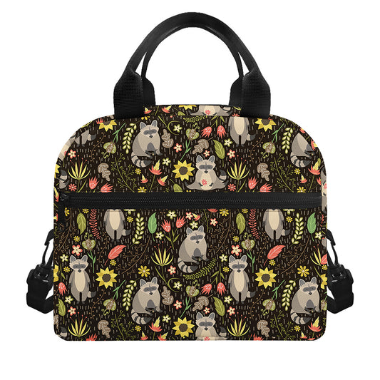 Raccoon And Floral Pattern Print Insulated Lunch Bag