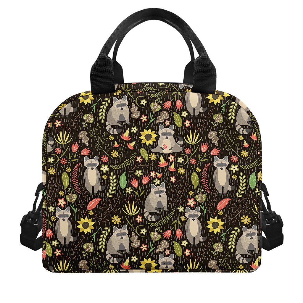 Raccoon And Floral Pattern Print Insulated Lunch Bag