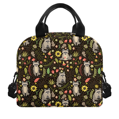 Raccoon And Floral Pattern Print Insulated Lunch Bag