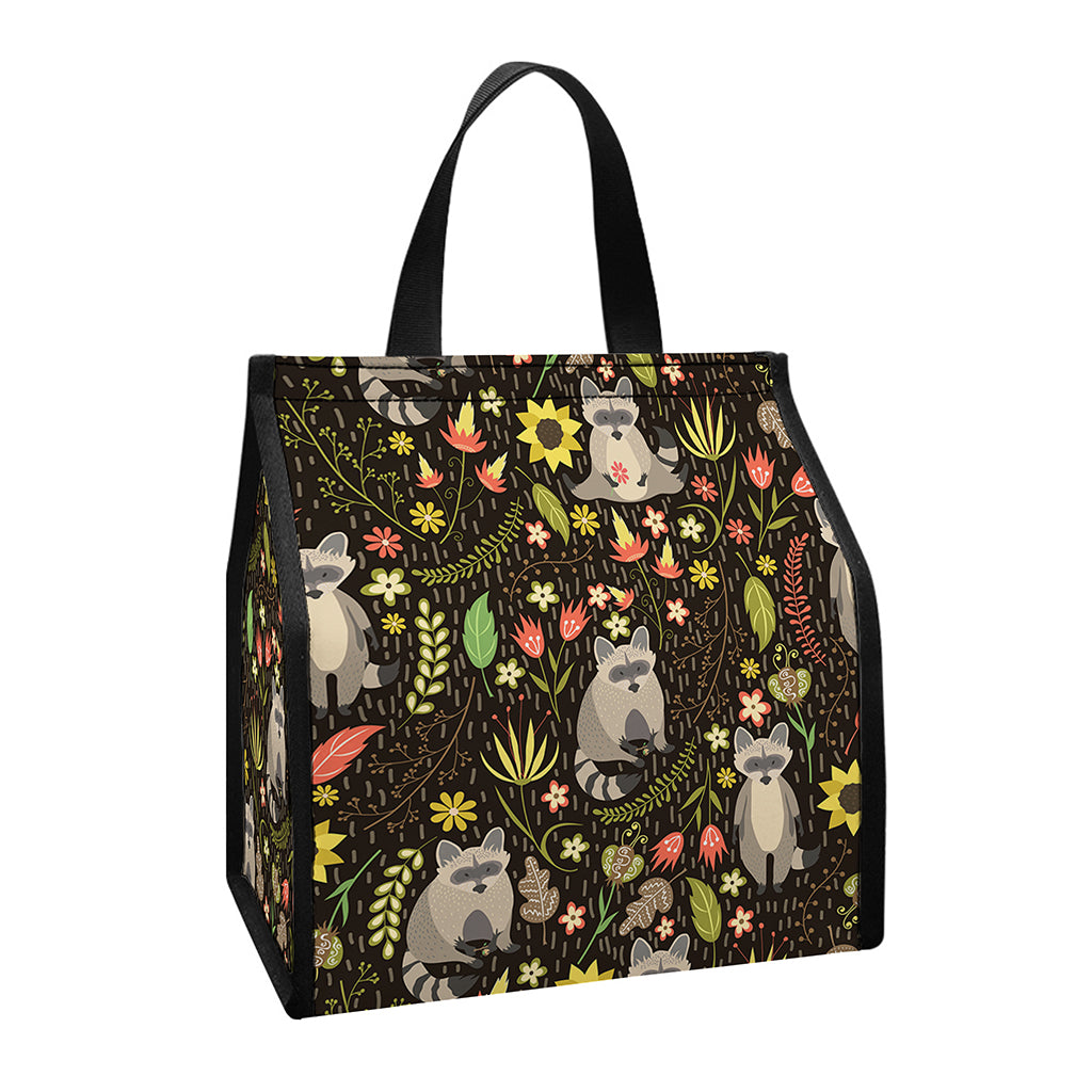 Raccoon And Floral Pattern Print Insulated Lunch Tote