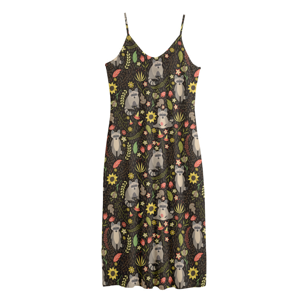 Raccoon And Floral Pattern Print Jersey Midi Cami Dress