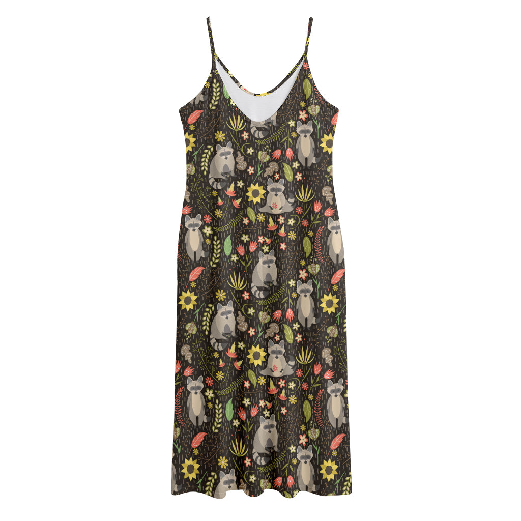 Raccoon And Floral Pattern Print Jersey Midi Cami Dress