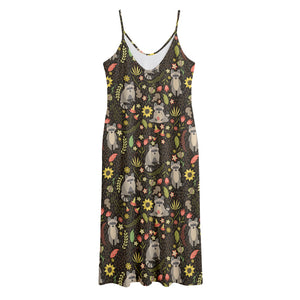 Raccoon And Floral Pattern Print Jersey Midi Cami Dress