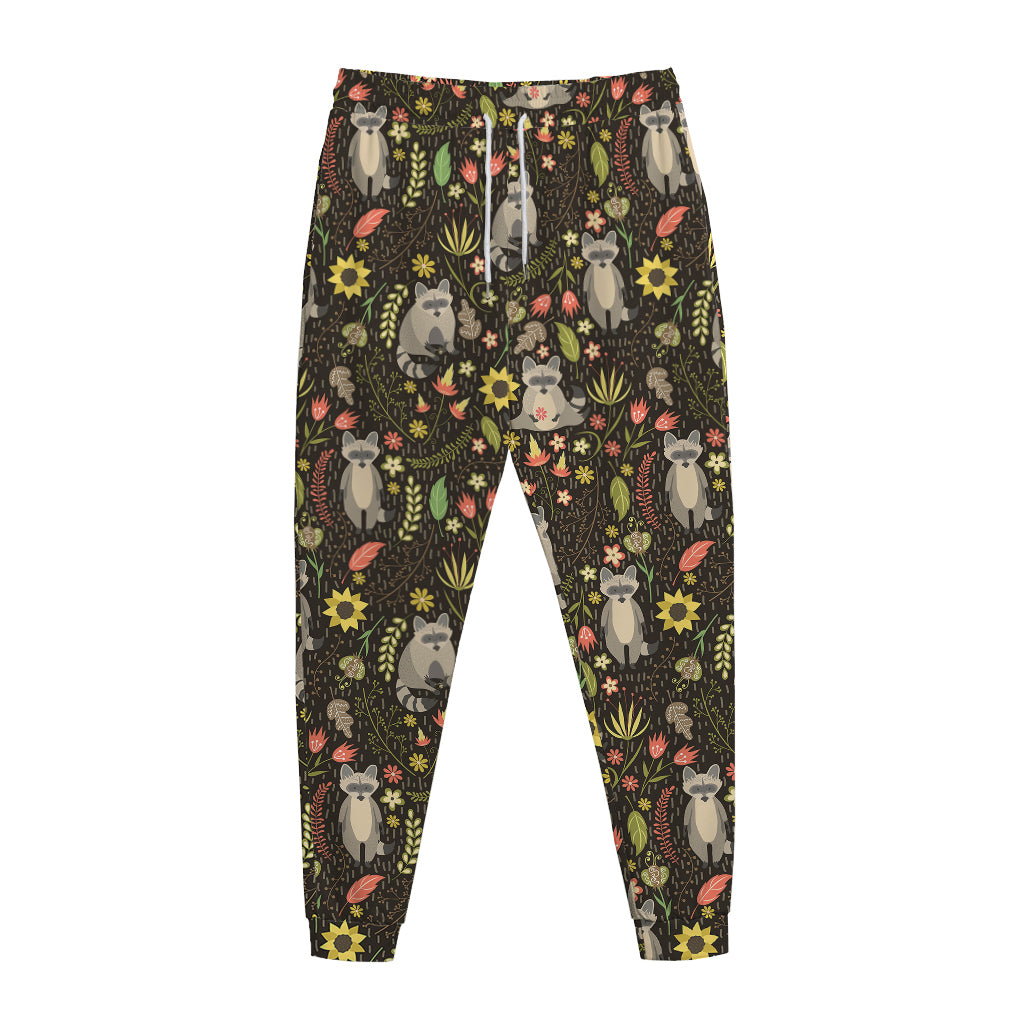 Raccoon And Floral Pattern Print Jogger Pants
