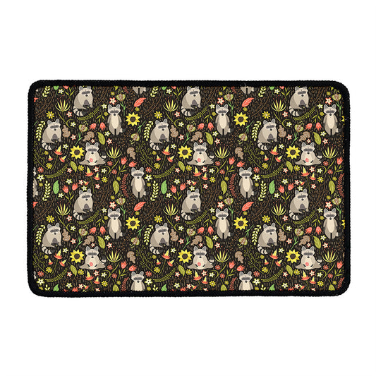 Raccoon And Floral Pattern Print Kitchen Mat